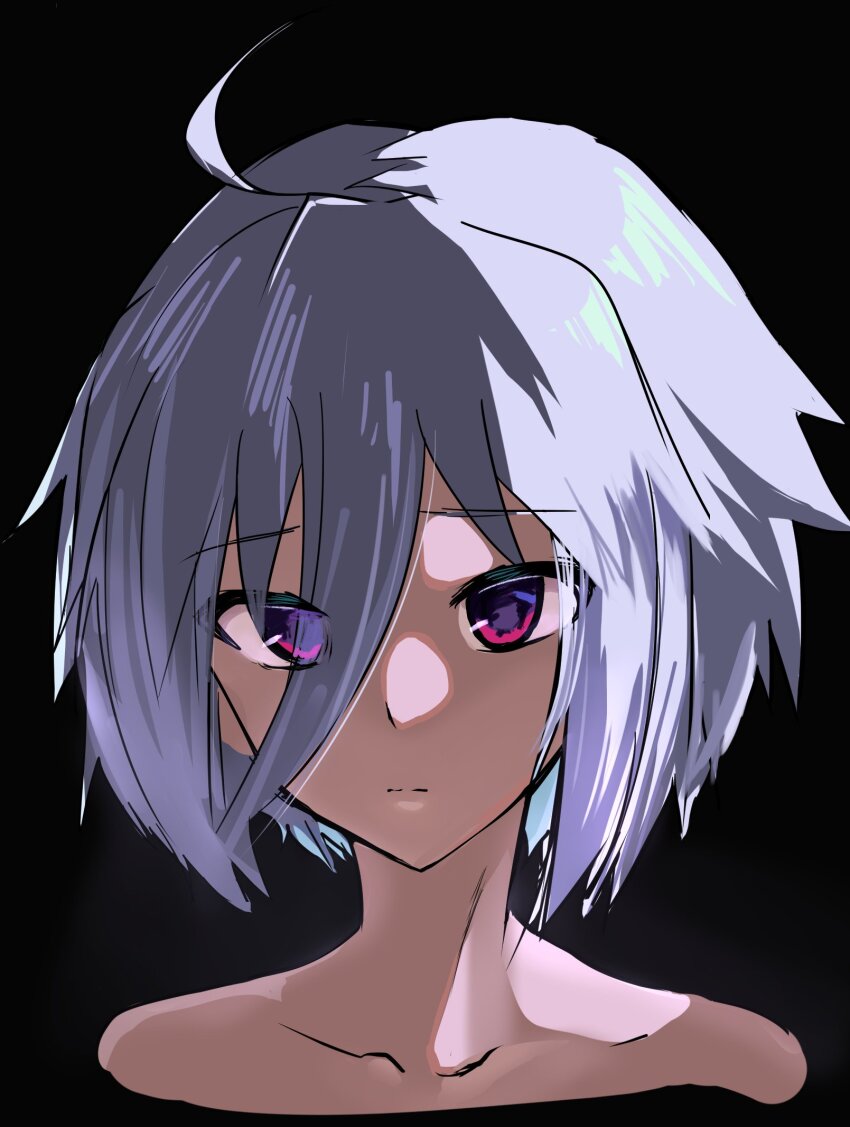 1girl ahoge black_background closed_mouth collarbone commentary cropped_shoulders furrowed_brow grey_hair hair_between_eyes highres itomi_sayaka looking_at_viewer mashitono_desu nude portrait purple_eyes short_hair simple_background solo toji_no_miko