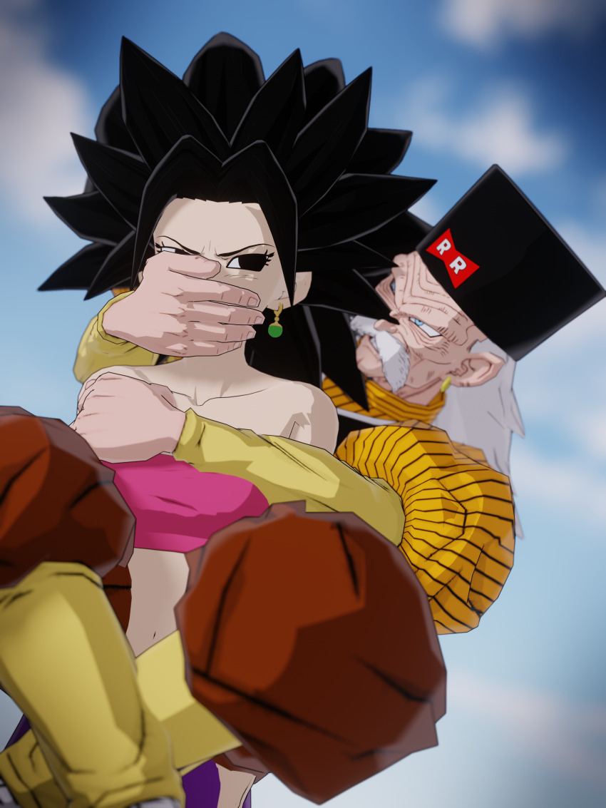 1boy 1girl absurdres bagify black_hair breasts caulifla covering_another&#039;s_mouth dr_gero dragon_ball dragon_ball_super dragonball_z earrings gag gagged grabbing_from_behind hand_over_another&#039;s_mouth highres jewelry potara_earrings