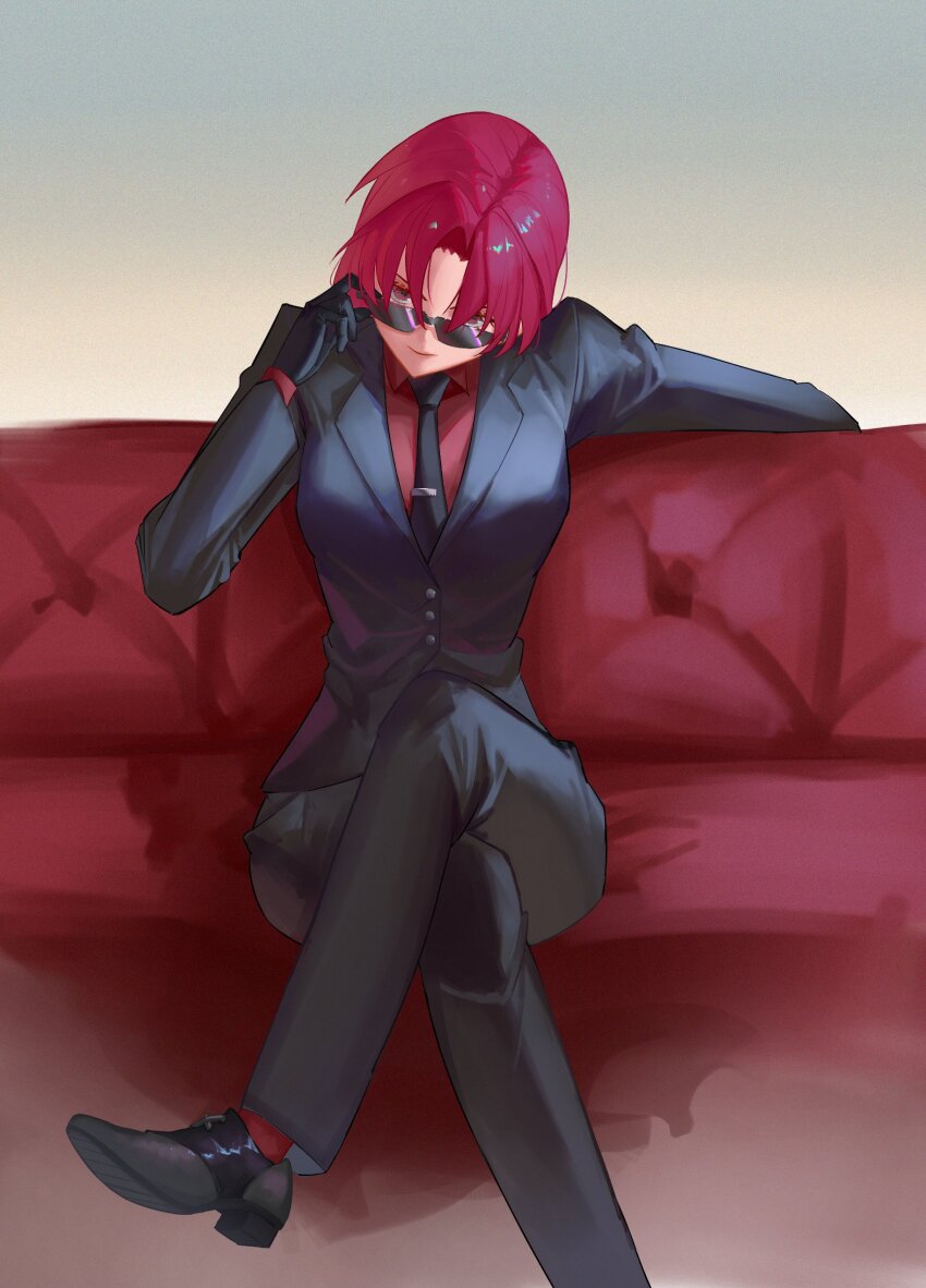 1girl absurdres adjusting_eyewear bazett_fraga_mcremitz black_footwear black_necktie black_pants black_suit buttons collared_shirt couch fate/grand_order fate/hollow_ataraxia fate_(series) fi_ao formal hand_on_eyewear head_tilt highres long_sleeves looking_at_viewer necktie pants red_eyes red_hair red_shirt shirt short_hair sitting smile solo suit sunglasses