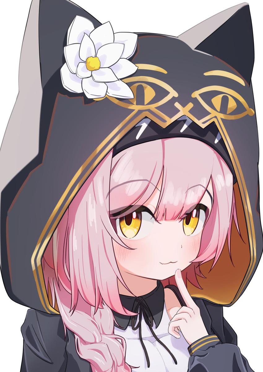 1girl :3 absurdres animal_hood arknights barurun_pen black_hairband black_jacket black_ribbon blush braid cat_hood cosplay creator_connection female_focus finger_to_mouth flower goldenglow_(arknights) hair_between_eyes hairband highres hood hood_up hooded_jacket jacket lightning_bolt_print long_hair looking_at_viewer neck_ribbon open_clothes open_jacket pepe_(arknights) pepe_(arknights)_(cosplay) pink_hair print_hairband ribbon shirt simple_background sleeveless sleeveless_shirt solo white_background white_flower white_shirt yellow_eyes