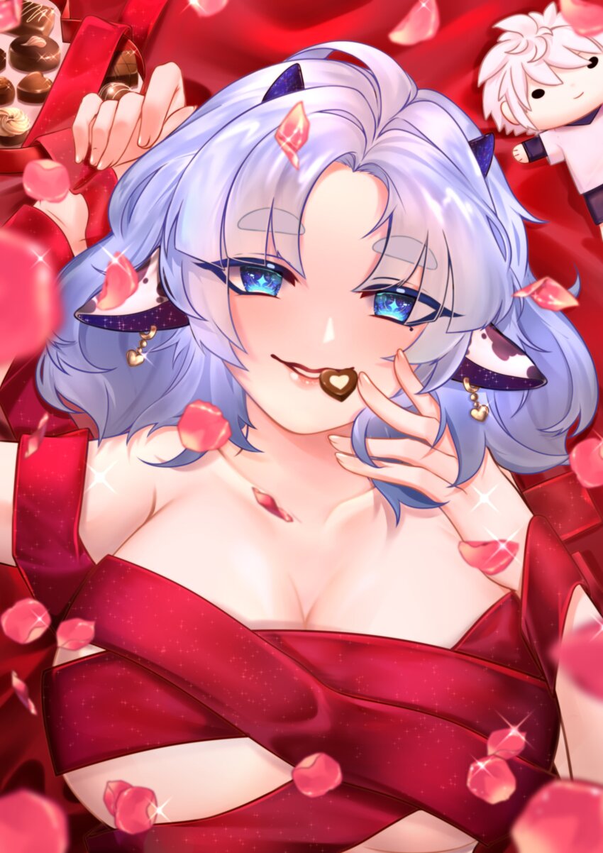 absurdres animal_ears blue_eyes blue_hair box box_of_chocolates breasts candy chocolate chocolate_heart collarbone cow_ears cow_horns dochikun doll earrings food gleam heart heart-shaped_food heart_earrings highres horns indie_virtual_youtuber jewelry miilkywayz mole mole_under_eye naked_ribbon parted_lips pink_petals red_ribbon ribbon second-party_source symbol-shaped_pupils upper_body virtual_youtuber