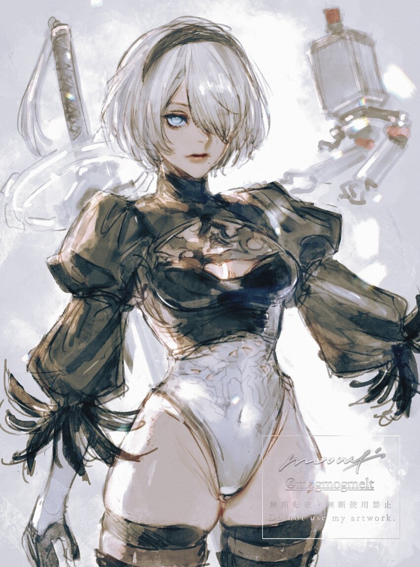 1girl 2b_(nier:automata) absurdres black_hairband blue_eyes breasts cleavage cleavage_cutout clothing_cutout commentary_request hair_over_one_eye hairband highleg highleg_leotard highres leotard looking_at_viewer medium_breasts mole mole_under_mouth moony_(mogmogmelt) nier:automata nier_(series) pink_lips pod_(nier:automata) short_hair skindentation standing sword watermark weapon weapon_on_back white_hair