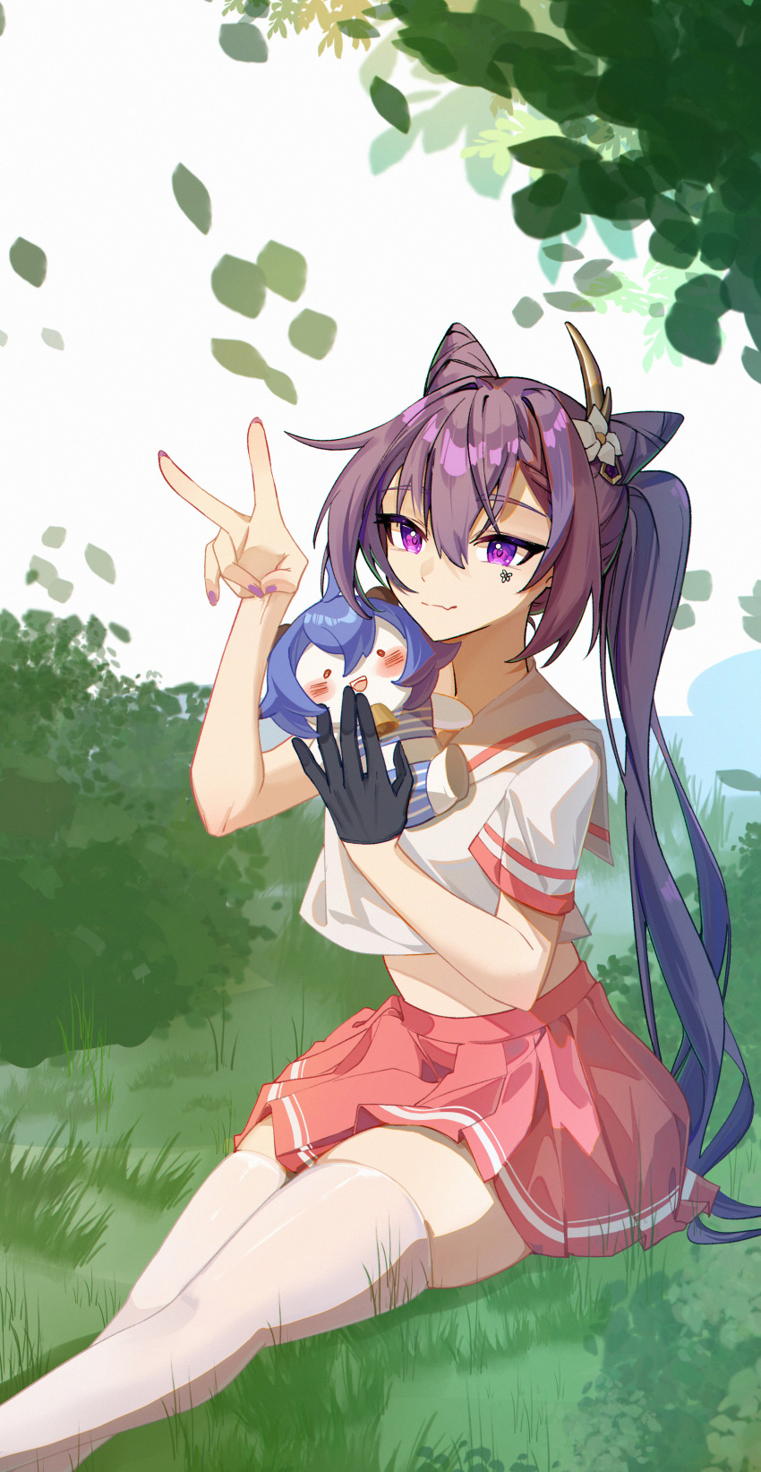 1girl absurdres black_gloves character_doll cone_hair_bun crop_top feet_out_of_frame ganyu_(genshin_impact) genshin_impact gloves grass hair_bun hands_up highres holding keqing_(genshin_impact) long_hair midriff miniskirt nail_polish pink_skirt pleated_skirt purple_eyes purple_hair purple_nails sailor_collar shirt short_sleeves single_glove sitting skirt solo suyujiu_u thighhighs v very_long_hair white_sailor_collar white_shirt white_thighhighs