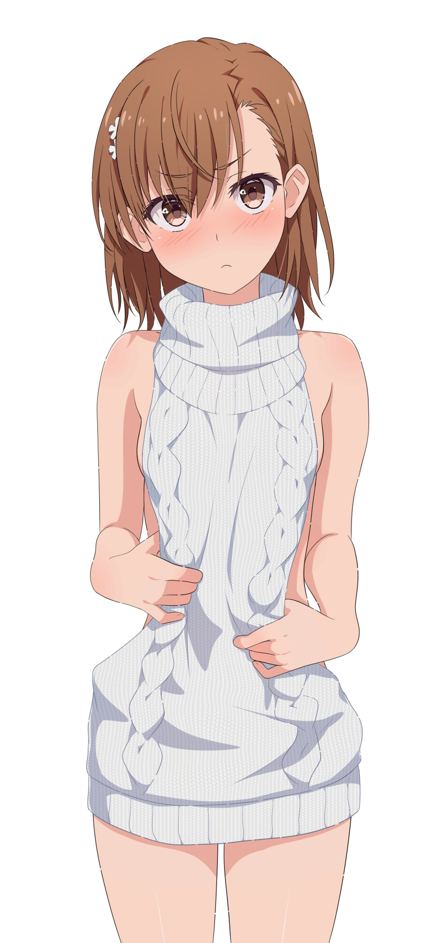 1girl absurdres aran_sweater asymmetrical_bangs bare_arms bare_shoulders blush breasts brown_eyes brown_hair cable_knit camui1104 commentary_request cowboy_shot dress hair_between_eyes halterneck highres looking_at_viewer medium_hair meme_attire misaka_mikoto ribbed_sweater sideboob simple_background small_breasts solo standing sweater sweater_dress thighs toaru_kagaku_no_railgun toaru_majutsu_no_index turtleneck turtleneck_sweater virgin_killer_sweater white_background white_sweater