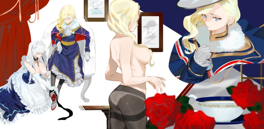 2girls apron ass azur_lane belfast_(azur_lane) black_choker black_legwear blonde_hair blue_capelet blue_coat blue_dress blue_eyes breasts broken broken_chain capelet chain chain choker cleavage coat ascot dress earrings elbow_gloves fascinator flower frilled_dress frills gloves hair_over_shoulder hat highres hood_(azur_lane) jewelry large_breasts long_hair maid maid_headdress medium_breasts multiple_girls multiple_views panties pantyhose portrait red_curtains red_flower red_rose rose royal_navy thighband_pantyhose tilted_headwear underwear union_jack uyuyuun white_apron white_dress white_gloves white_hair white_headwear white_panties