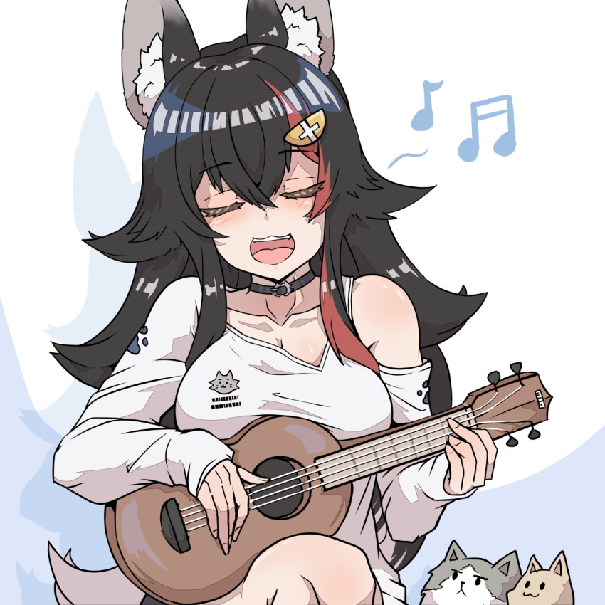 1girl :3 aikohgin animal_ears black_hair blush breasts choker cleavage closed_eyes collarbone dog facing_viewer fingernails hair_between_eyes highres holding holding_instrument hololive instrument music musical_note ookami_mio open_mouth playing_instrument shirt ukulele virtual_youtuber white_shirt wolf_ears