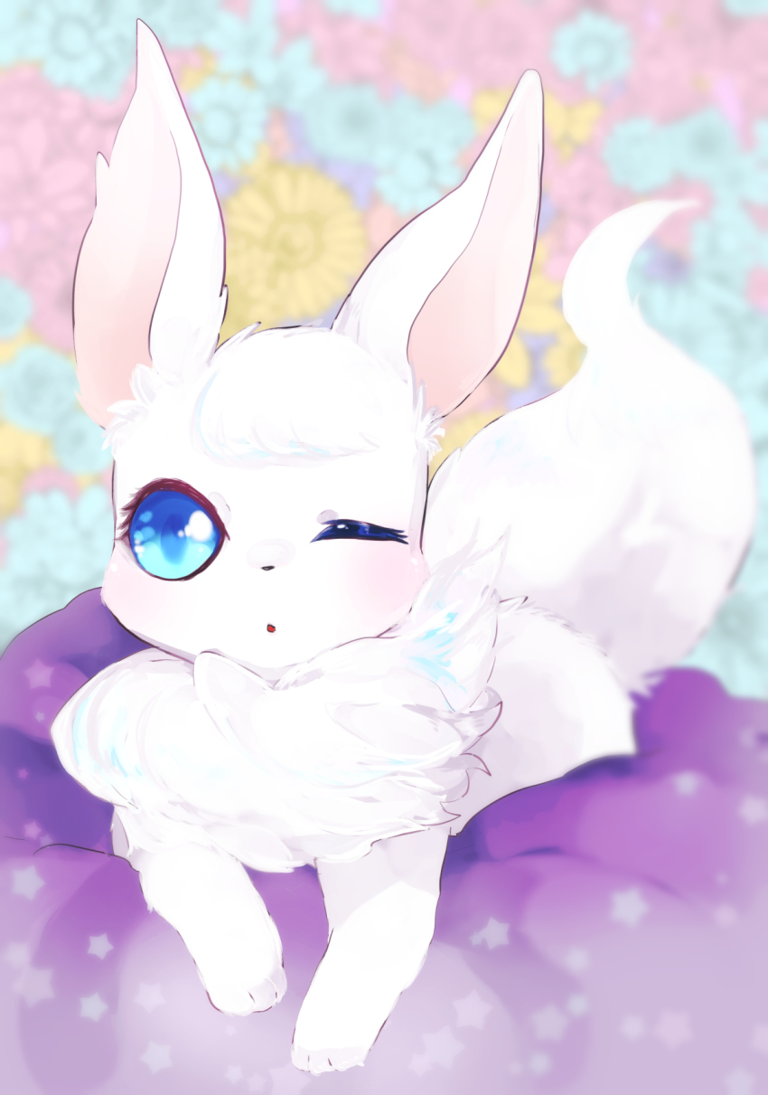 alternate_color animal_focus bad_id bad_pixiv_id banchiku blue_eyes blue_flower blurry blurry_background blush creatures_(company) cushion eevee flower fluffy game_freak gen_1_pokemon highres light_blush looking_at_viewer nintendo no_humans one_eye_closed open_mouth pink_flower pokemon pokemon_(creature) shiny_pokemon solo star_(symbol) swept_bangs yellow_flower