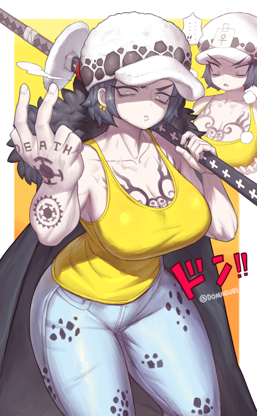 ! !! ... 1girl arm_tattoo artist_name breast_tattoo breasts cape cleavage collarbone commentary_request curvy denim domaguri earrings finger_tattoo fur_cape fur_hat genderswap genderswap_(mtf) hand_tattoo hat highres holding holding_sword holding_weapon jeans jewelry large_breasts one_piece open_mouth pants short_hair spoken_ellipsis spoken_exclamation_mark surprised sword tank_top tattoo teeth thick_thighs thighs trafalgar_law trafalgar_law_(female) v-shaped_eyebrows weapon wide_hips yellow_eyes yellow_tank_top