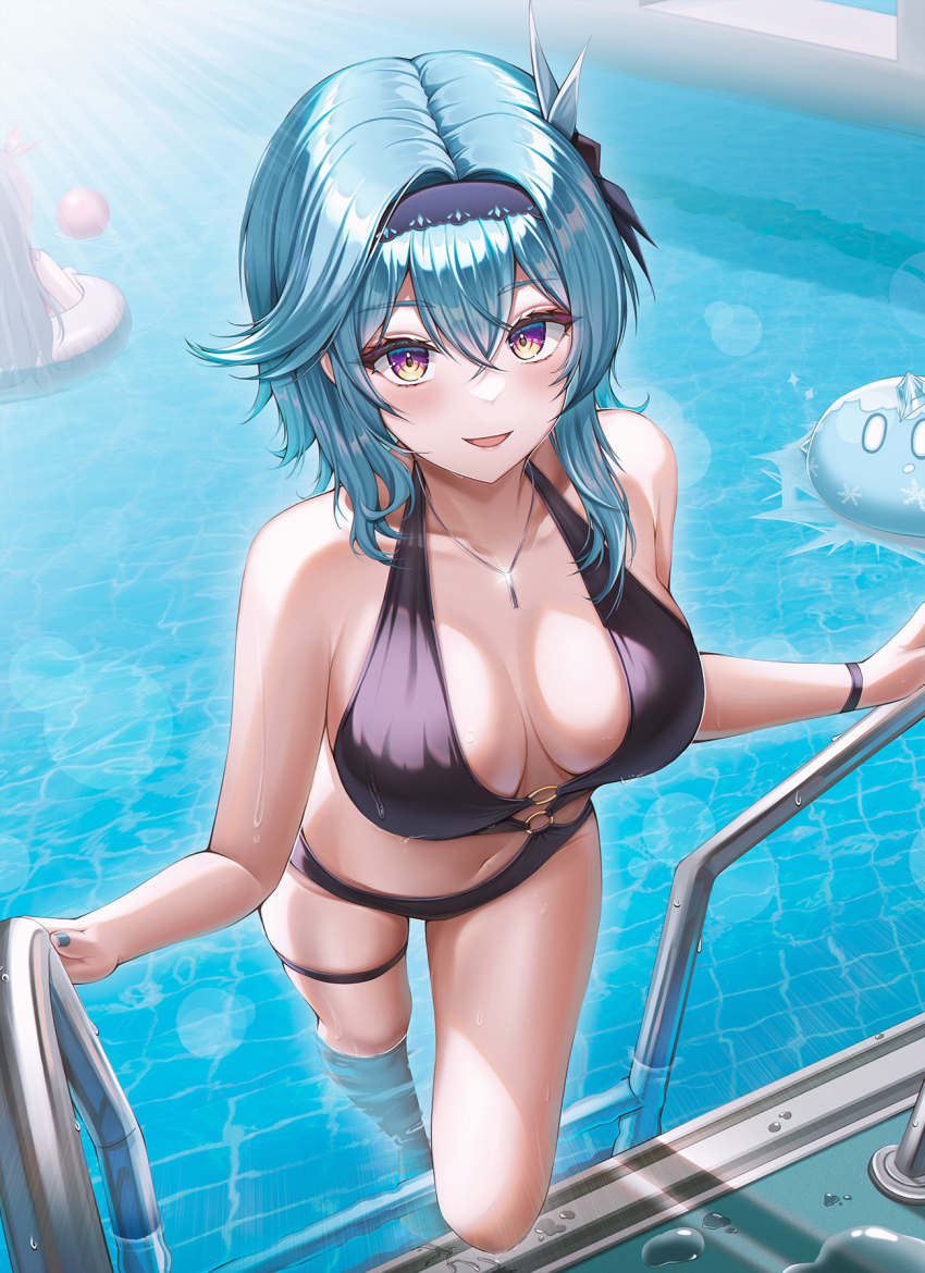 2girls alternate_costume amber_(genshin_impact) bare_shoulders bikini black_bikini black_hairband black_one-piece_swimsuit blue_hair commentary crossed_bangs eula_(genshin_impact) genshin_impact glint hair_between_eyes hairband highres ice jewelry looking_at_viewer multiple_girls necklace o-ring o-ring_swimsuit one-piece_swimsuit pool pool_ladder slime_(genshin_impact) smile solo_focus swimsuit thigh_strap thighs water wol_(wol_927)