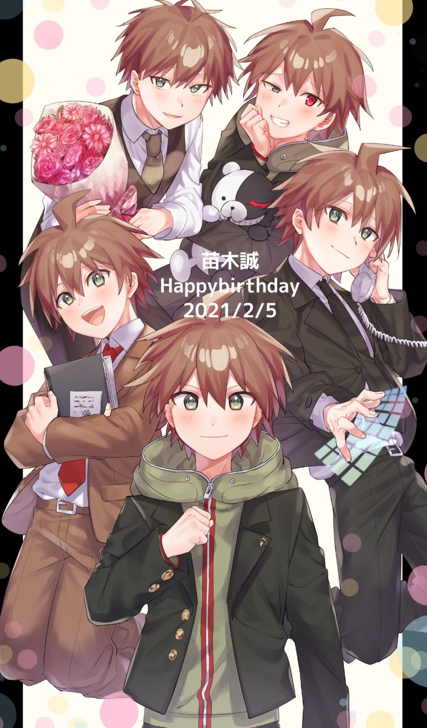 1boy :d ahoge blush bouquet brown_eyes brown_hair brown_jacket brown_pants commentary_request danganronpa:_trigger_happy_havoc danganronpa_(series) dated hugging_doll flower green_hoodie grin hand_up happy_birthday highres holding holding_bouquet holding_flower holding_phone hood hoodie jacket knees_up long_sleeves looking_at_viewer male_focus monokuma multiple_views naegi_makoto necktie hugging_object official_alternate_costume open_mouth pants phone pink_flower pink_rose red_eyes rose short_hair smile sumeshiruko