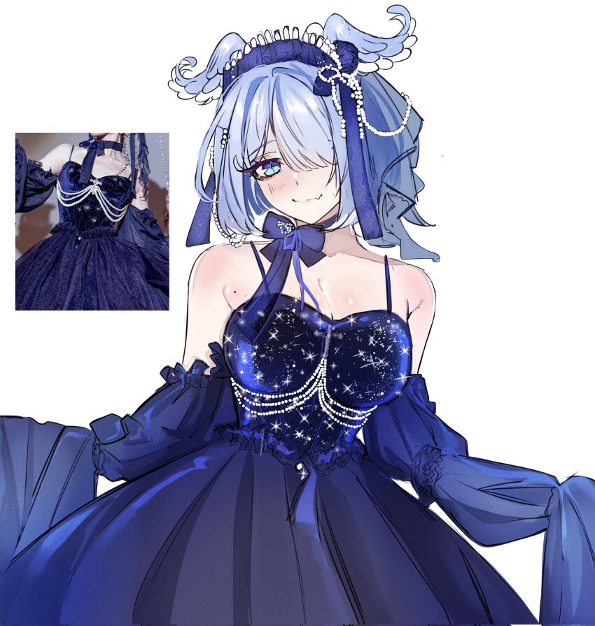 1girl aqua_eyes bare_shoulders blue_dress blue_veil blush breasts cleavage detached_sleeves dress elira_pendora fang hair_over_one_eye head_wings highres ive_(iveith) large_breasts long_sleeves looking_at_viewer medium_hair mole mole_on_armpit nijisanji nijisanji_en photo-referenced reference_inset simple_background skin_fang sleeves_past_fingers sleeves_past_wrists smile solo veil virtual_youtuber white_background wings