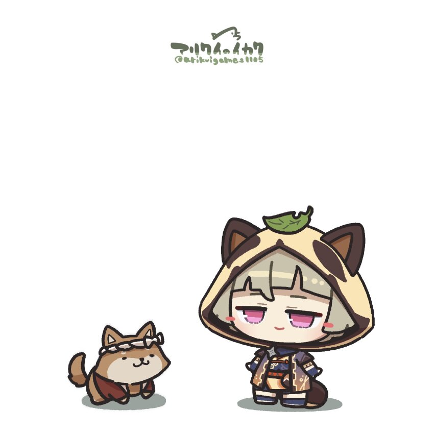 1girl arikuigames1105 chibi dog genshin_impact highres hood leaf leaf_on_head sayu_(genshin_impact) tanuki_ears taroumaru_(genshin_impact) white_background