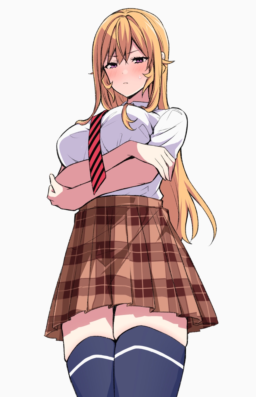 1girl arms_under_breasts black_necktie black_thighhighs blonde_hair blush brown_skirt cowboy_shot crossed_arms grey_background highres long_hair miniskirt nakiri_erina necktie pink_eyes plaid_clothes plaid_skirt red_necktie shokugeki_no_souma short_sleeves simple_background skirt solo striped_necktie sweatdrop thighhighs toy-black