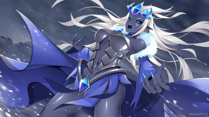 1girl :o armor black_sclera black_skin blue_cape blue_eyes blue_nails blue_sclera blue_skirt blue_sleeves blue_tongue breasts cape colored_sclera colored_skin colored_tongue cowboy_shot detached_sleeves erda_(maplestory_2) female_focus fingernails grey_background grey_skin grey_theme highres long_fingernails long_hair looking_away maplestory maplestory_2 multicolored_eyes nail_polish navel open_mouth outdoors pointy_ears queasy_s skirt sky snow solo standing twitter_username white_hair