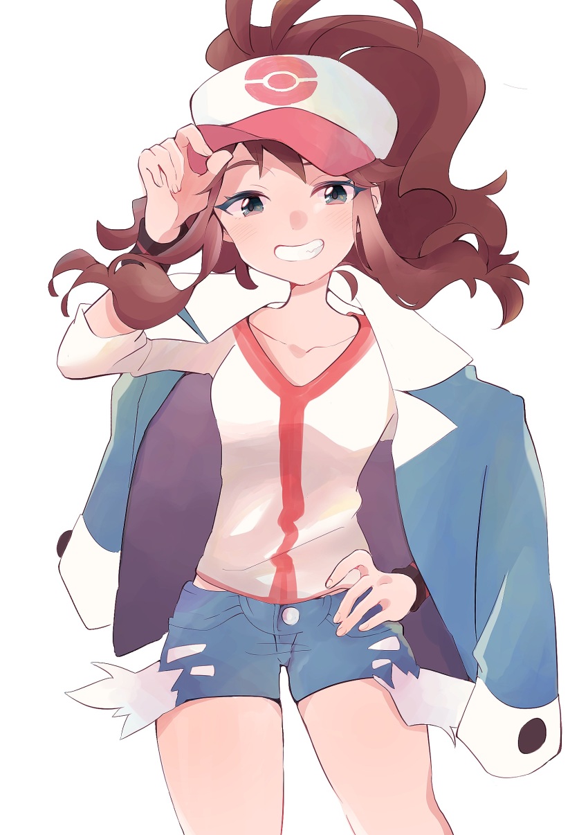 1girl absurdres antenna_hair blue_jacket blue_shorts blush brown_hair cheren_(pokemon) cheren_(pokemon)_(cosplay) collarbone commentary_request cosplay creatures_(company) eyelashes game_freak grey_eyes grin hand_on_own_hip hand_up highres hilda_(pokemon) jacket jacket_on_shoulders long_hair looking_at_viewer misha_(ohds101) nintendo pokemon pokemon_bw shirt short_shorts shorts sidelocks smile solo teeth white_background white_shirt wristband