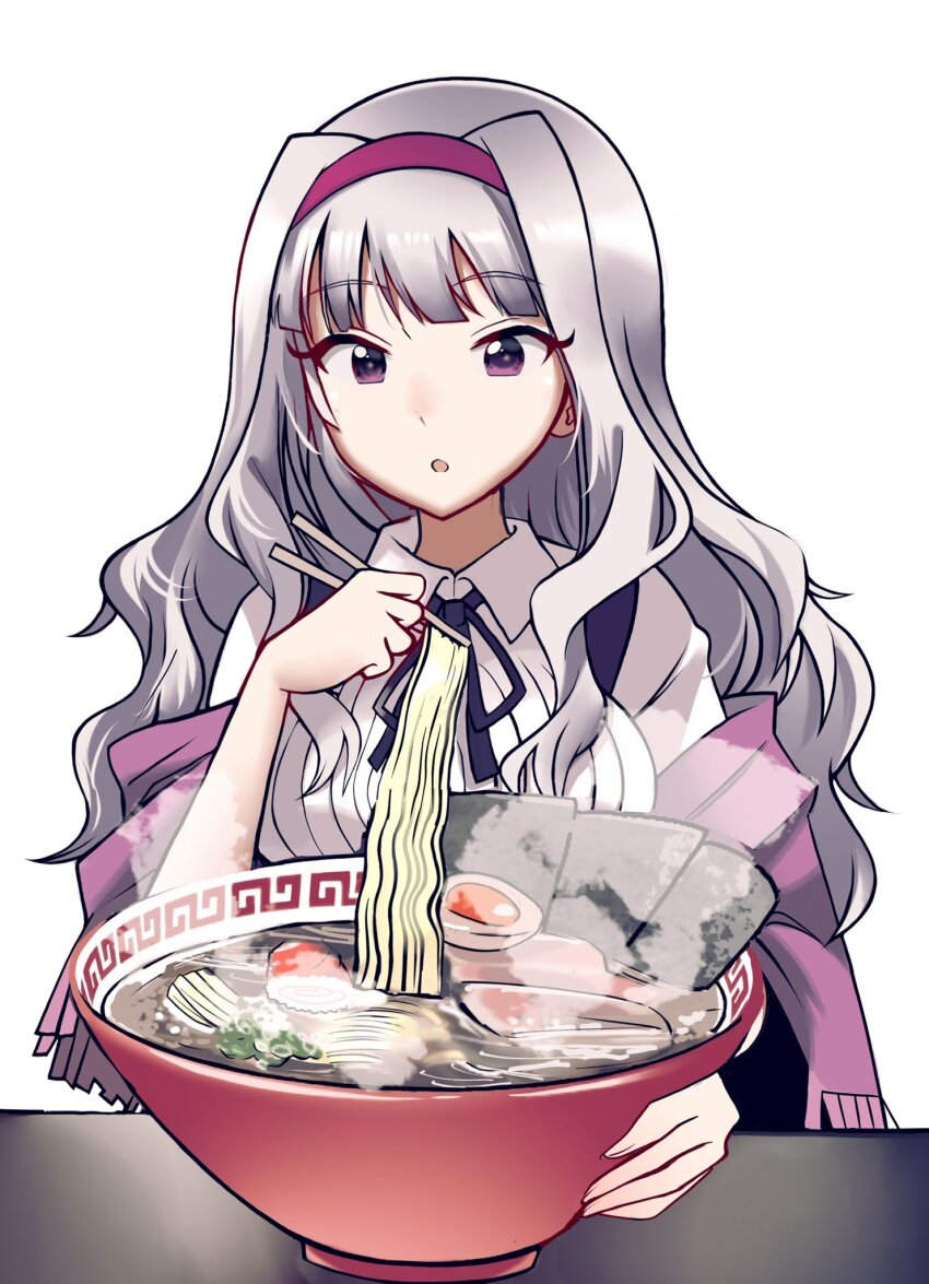 1girl :o anman_(yxwu7733) bowl breasts chopsticks facing_viewer food grey_hair hairband highres holding holding_bowl holding_chopsticks idolmaster idolmaster_(classic) large_breasts long_hair noodles parted_lips purple_eyes purple_hairband ramen shijou_takane simple_background solo upper_body white_background