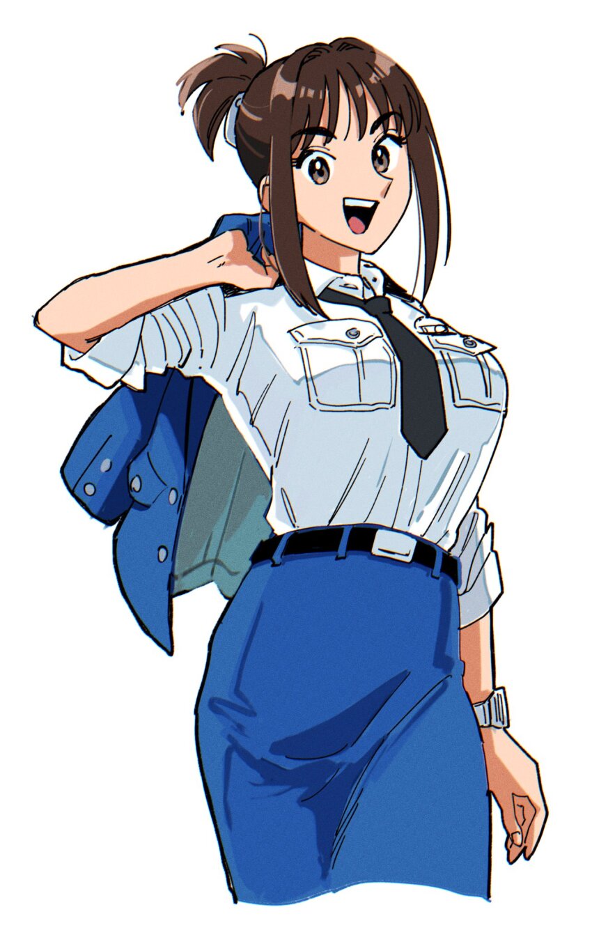 1girl between_breasts breasts brown_eyes brown_hair folded_ponytail giboshi_matoi highres kochikame large_breasts looking_at_viewer necktie osg_pk police police_uniform policewoman ponytail shirt sidelocks smile solo tented_shirt