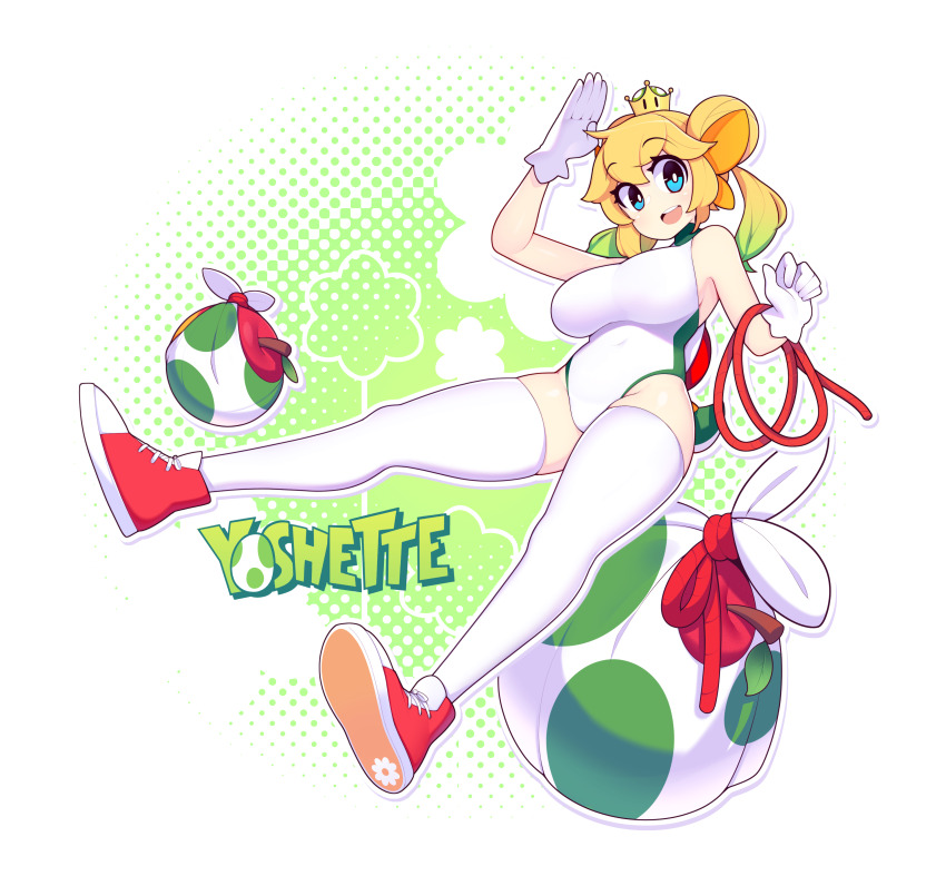 1girl :d absurdres bare_arms bare_shoulders blonde_hair blue_eyes breasts bright_pupils character_name crown fizintine gloves gradient_hair green_hair hair_bun highres large_breasts leotard looking_at_viewer mario_(series) mini_crown multicolored_hair new_super_mario_bros._u_deluxe nintendo open_mouth princess_yoshi shoes smile sneakers solo super_crown thighhighs white_gloves white_pupils white_thighhighs