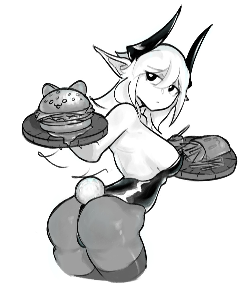 1girl ass black_horns burger demon_horns food highres holding holding_food horns leotard monochrome original playboy_bunny pointy_ears rabbit_tail sketch tail voidsenight