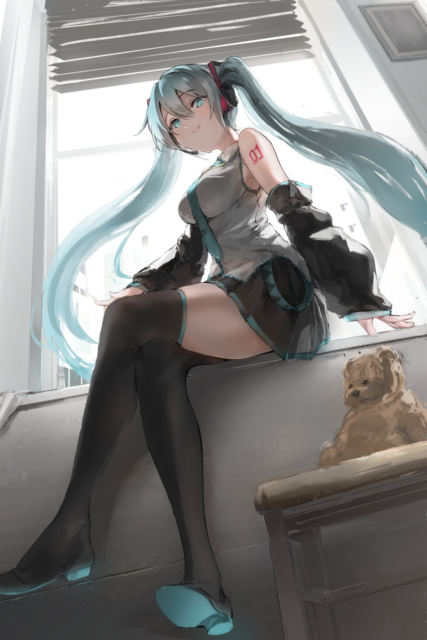 1girl absurdres aqua_hair aqua_nails bare_shoulders black_boots black_skirt black_sleeves blue_eyes boots breasts commentary_request commission detached_sleeves hatsune_miku headset highres korean_commentary long_hair long_sleeves looking_at_viewer pixiv_commission pleated_skirt shirt sitting skirt sleeveless sleeveless_shirt smile solo stuffed_animal stuffed_toy thigh_boots twintails unitsu very_long_hair vocaloid window window_blinds