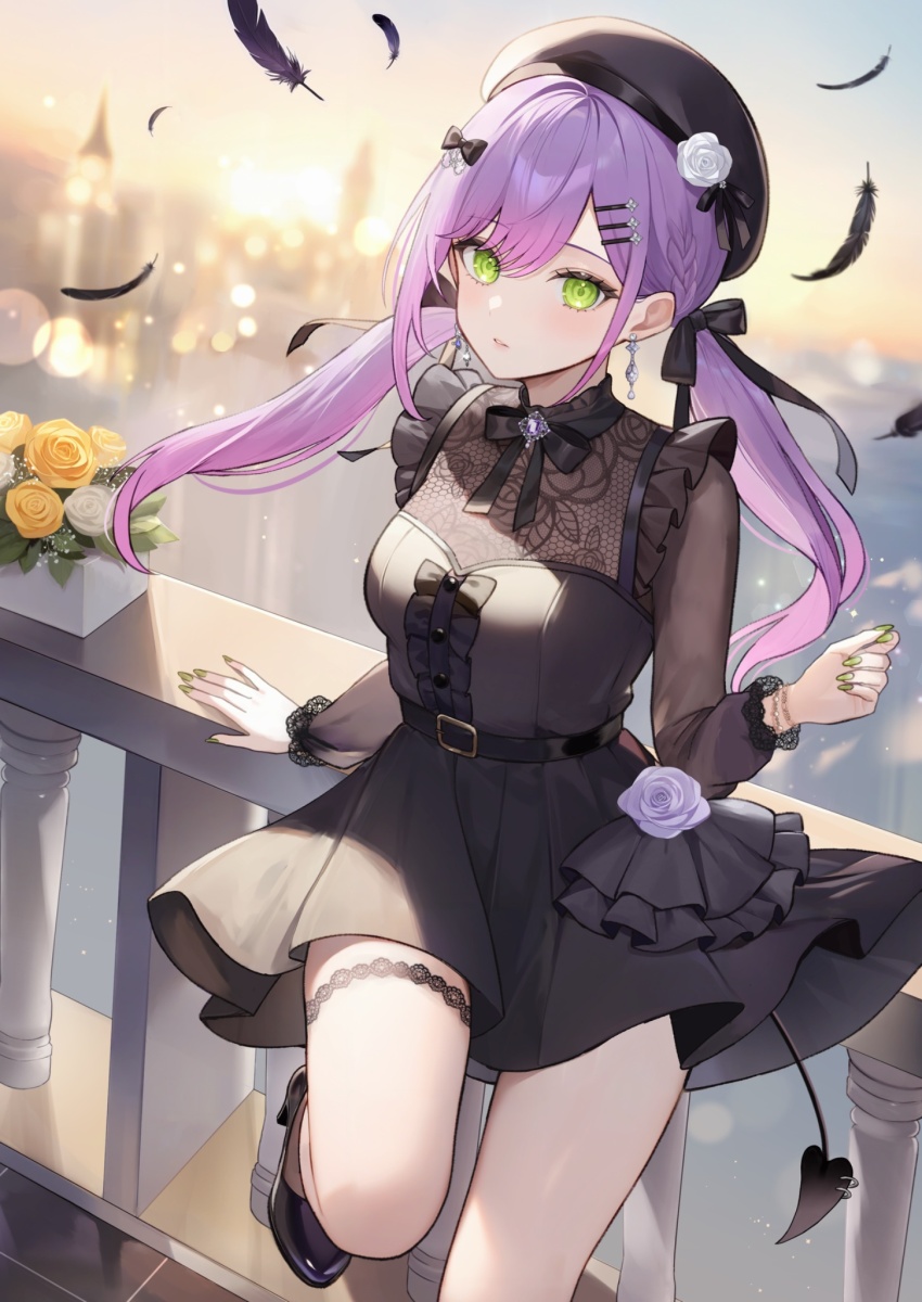 1girl aria_(ariacue) black_dress demon_tail dress feathers flower green_eyes hair_ornament hairclip hat highres hololive jewelry long_hair looking_at_viewer pink_hair purple_hair railing solo tail tokoyami_towa twintails virtual_youtuber