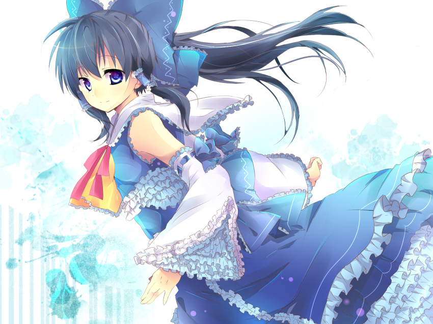 1girl alternate_color ascot bad_id bad_pixiv_id blue_eyes blue_hair bow detached_sleeves female_focus frills from_side gradient_background hair_bow hair_tubes hakurei_reimu highres japanese_clothes matching_hair/eyes miko ribbon saionji_yuri smile solo touhou white_background yellow_ascot