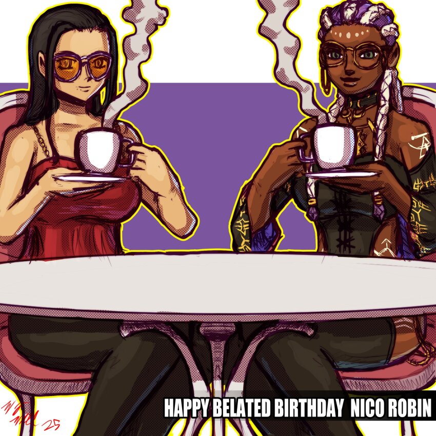 2girls black_hair braid braided_ponytail breasts chair clothing_cutout corset cup dark-skinned_female dark_skin dolores_(kof) dress female_focus glasses gold jewelry large_breasts long_hair multicolored_hair multiple_girls nico_robin one_piece pale_skin purple_hair round_eyewear sitting smile sunglasses table taurence_bell teacup the_king_of_fighters thick_lips thighs two-tone_hair white_hair