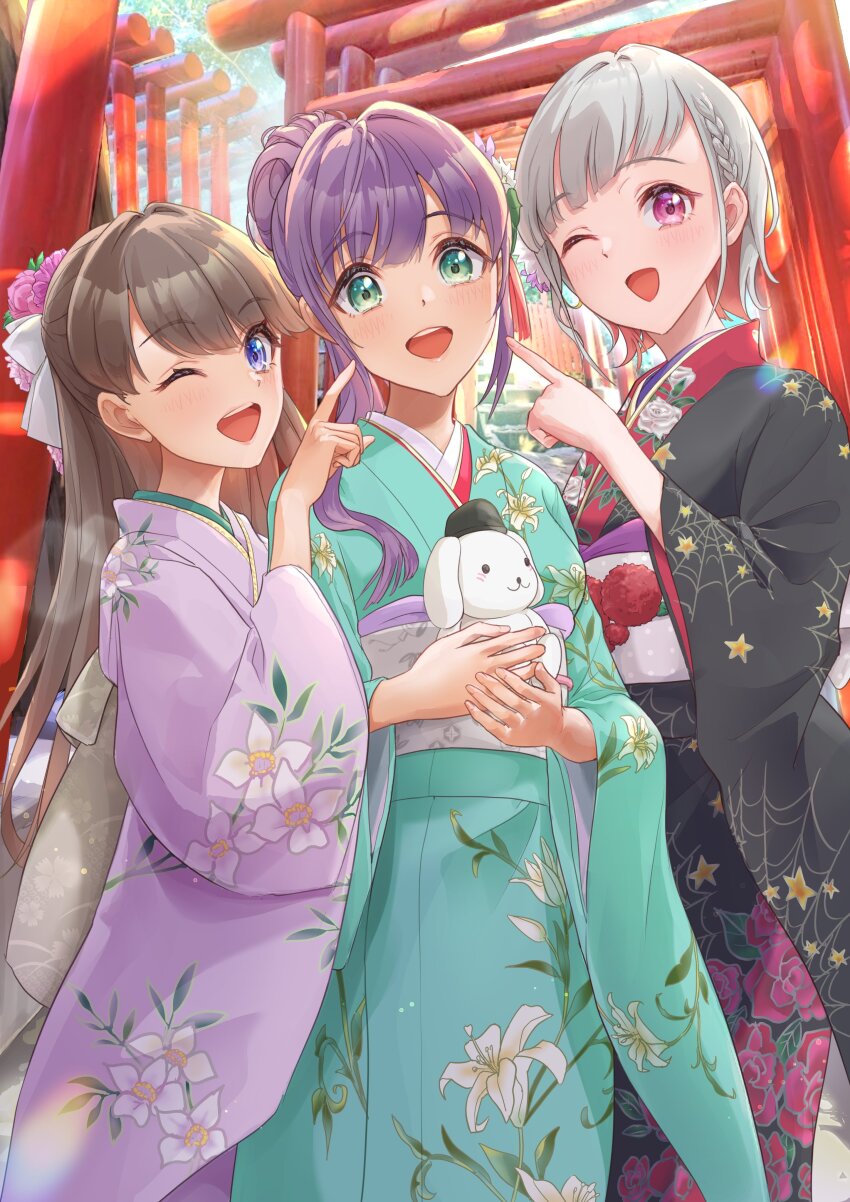 3girls :d ;d absurdres black_hat black_kimono bob_cut braid brown_hair colored_inner_hair commentary_request diagonal_bangs floral_print floral_print_kimono flower fujishima_megumi green_eyes green_kimono grey_hair grey_sash hair_flower hair_intakes hair_ornament half_updo hasu_no_sora_karuta_(love_live!) hat highres holding holding_stuffed_toy inverted_bob japanese_clothes kimono kobassy lily_print link!_like!_love_live! long_hair long_sleeves looking_at_viewer love_live! multicolored_hair multiple_girls multiple_torii new_year obi obiage obijime official_alternate_costume official_alternate_hairstyle one_eye_closed open_mouth otomune_kozue pink_eyes pink_flower pointing pointing_at_another purple_eyes purple_hair purple_kimono red_hair red_kimono sash short_hair side_braid side_ponytail sidelocks smile spider_web_print star_(symbol) star_print streaked_hair stuffed_animal stuffed_dog stuffed_toy tassel tassel_hair_ornament teeth torii two-tone_kimono upper_teeth_only virtual_youtuber white_flower wide_sleeves yugiri_tsuzuri