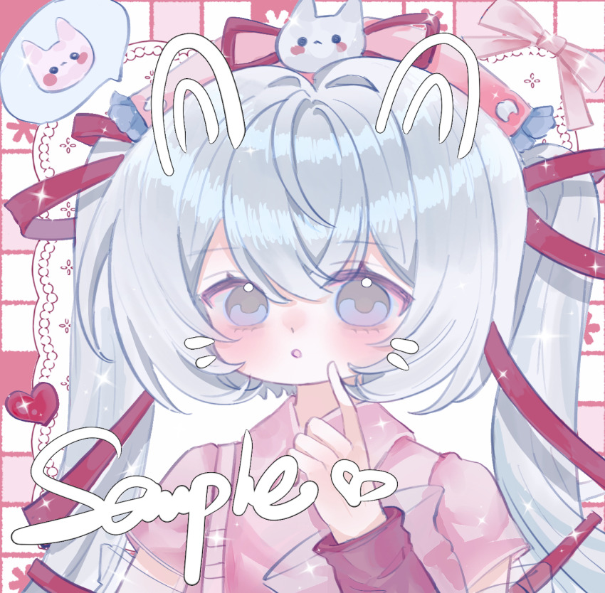 1girl :o blue_eyes blush bow drawn_ears drawn_whiskers eyelashes grey_hair hair_between_eyes hair_intakes hair_ornament hat heart highres long_hair long_sleeves nurse_cap original parted_lips pink_bow pink_shirt red_ribbon ribbon sample_watermark shen_chu_shuai_da_hei shirt sidelocks solo sparkle speech_bubble twintails watermark