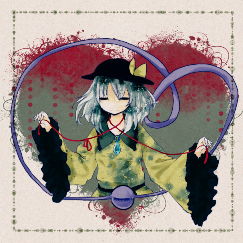 1girl aqua_hair bow closed_eyes female_focus framed frilled_sleeves frills gradient_background hat hat_bow heart komeiji_koishi light_smile polka_dot polka_dot_background shioya_mutsu shirt solo string third_eye touhou upper_body wide_sleeves