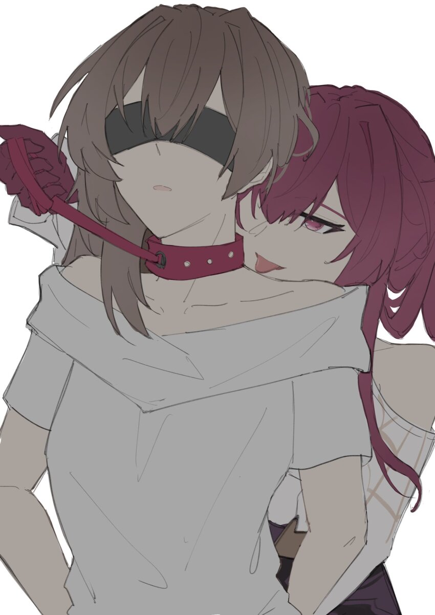 blindfold collar commentary eclair_yuri gloves grey_hair hashtag-only_commentary highres holding holding_leash honkai:_star_rail honkai_(series) kafka_(honkai:_star_rail) leash licking licking_another&#039;s_neck long_hair long_sleeves off-shoulder_shirt off_shoulder parted_lips purple_eyes purple_gloves purple_hair shirt short_sleeves simple_background stelle_(honkai:_star_rail) tongue tongue_out trailblazer_(honkai:_star_rail) upper_body white_background white_shirt yuri