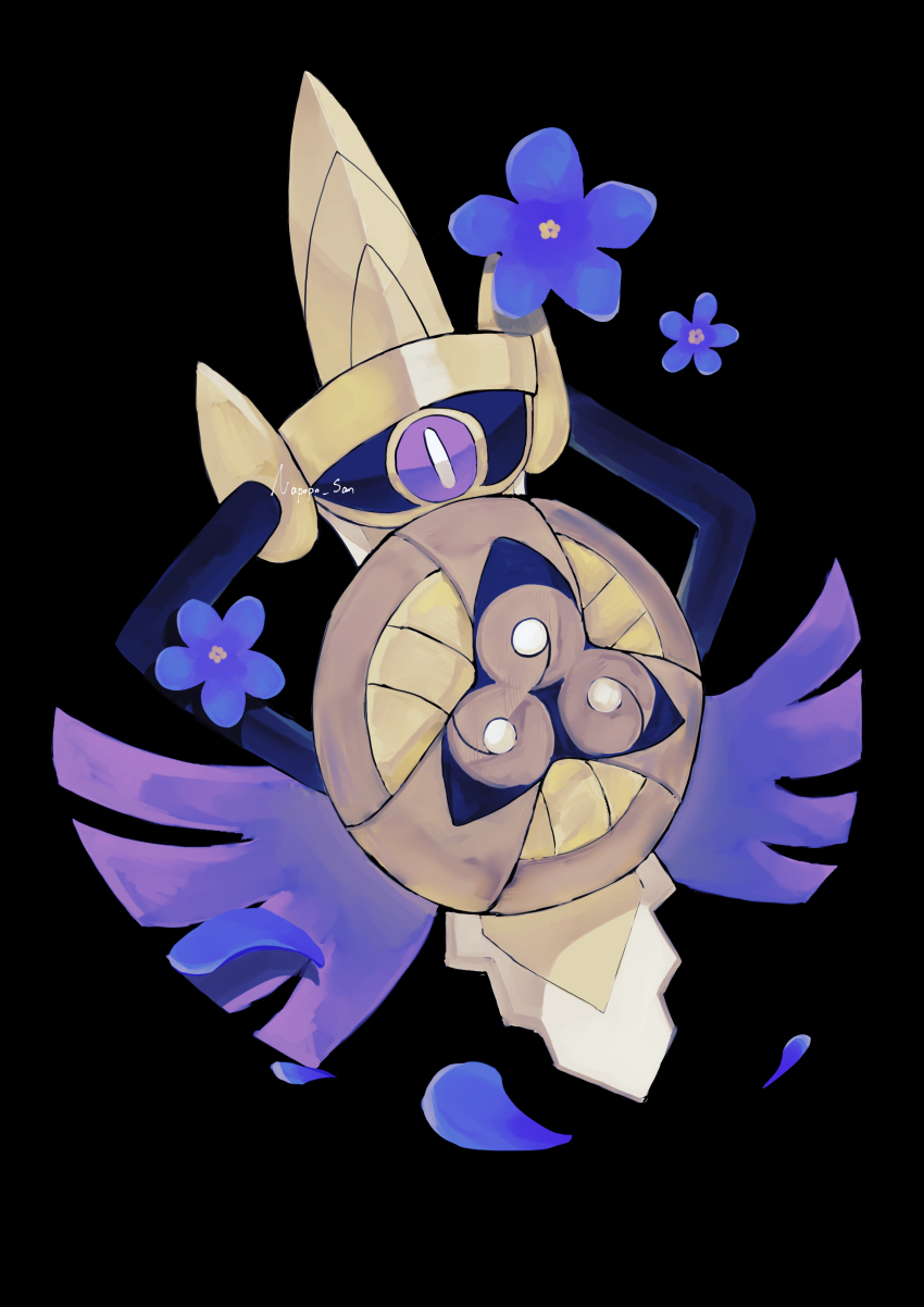 absurdres aegislash black_background black_sclera blue_flower bright_pupils colored_sclera creatures_(company) flower full_body game_freak gen_6_pokemon highres napopo nintendo no_humans one-eyed pokemon pokemon_(creature) purple_eyes shield simple_background slit_pupils solo sword weapon white_pupils