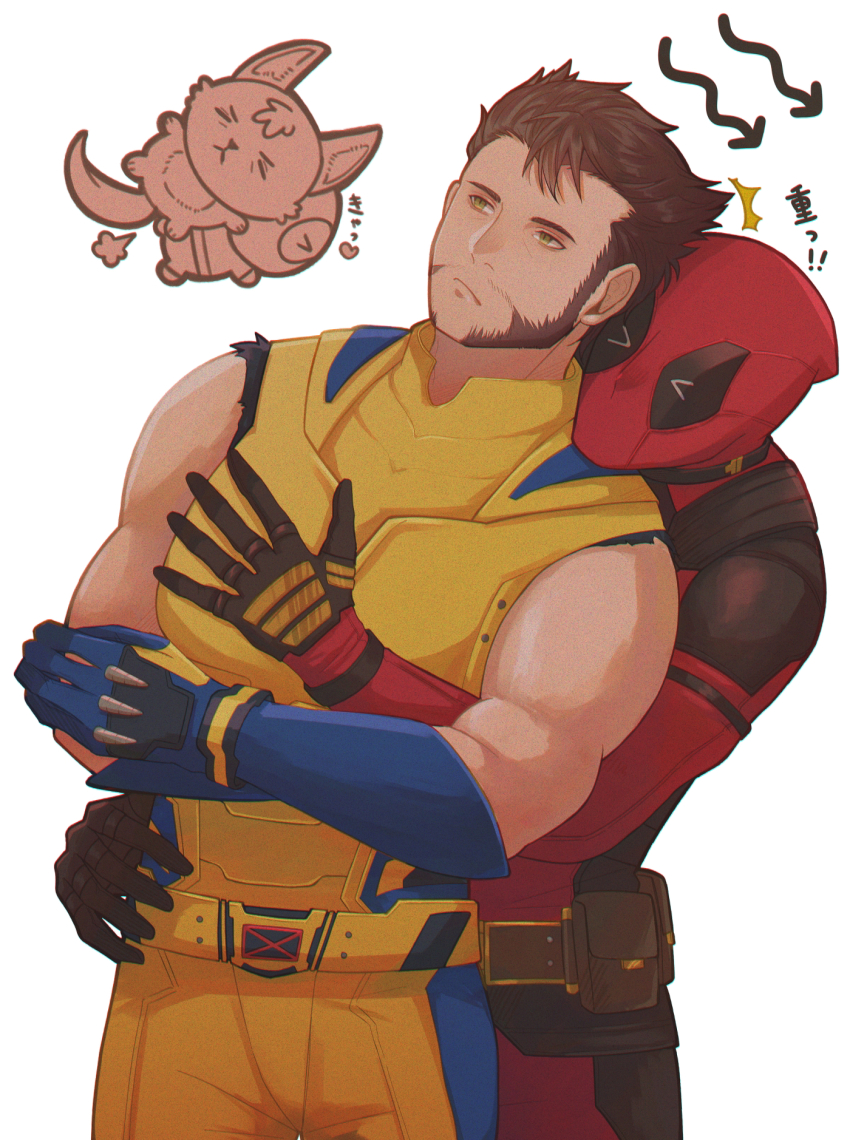 &gt;_&lt; 2boys animification beard belt black_gloves blue_gloves bodysuit brown_hair chibi closed_mouth commentary_request deadpool deadpool_&amp;_wolverine deadpool_(series) doghooouse facial_hair gloves green_eyes heart highres hug hug_from_behind large_pectorals leaning_on_person male_focus marvel marvel_cinematic_universe multiple_boys muscular muscular_male pectoral_grab pectorals red_bodysuit red_mask short_hair sleeveless two-tone_bodysuit wolverine_(x-men) x-men yaoi yellow_bodysuit