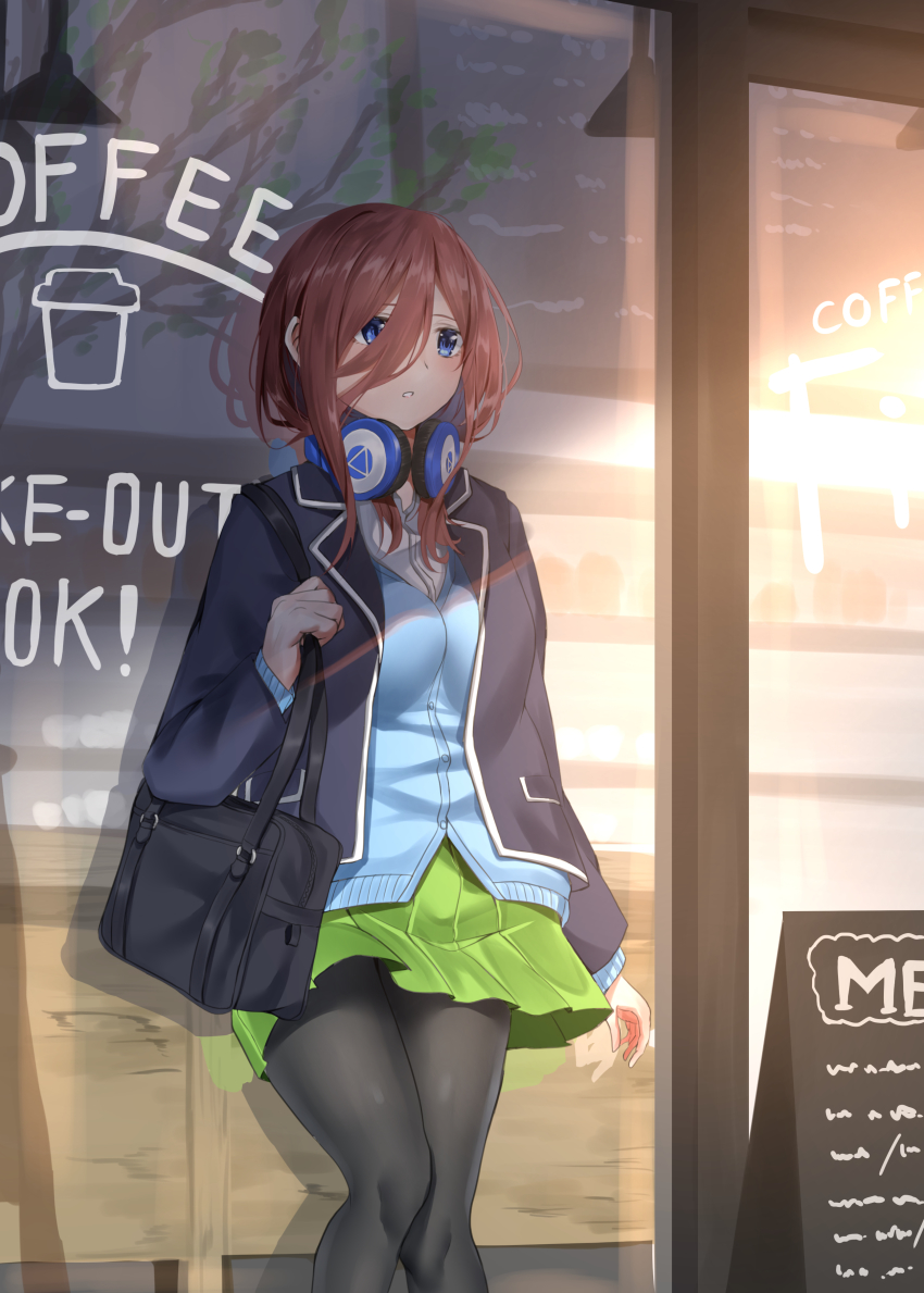 1girl absurdres bag black_pantyhose blue_cardigan blue_eyes brown_hair cardigan coffee cup disposable_cup go-toubun_no_hanayome green_skirt hair_between_eyes headphones headphones_around_neck highres long_hair long_sleeves nakano_miku outdoors pantyhose pleated_skirt school_bag skirt storefront takenoko_27074918