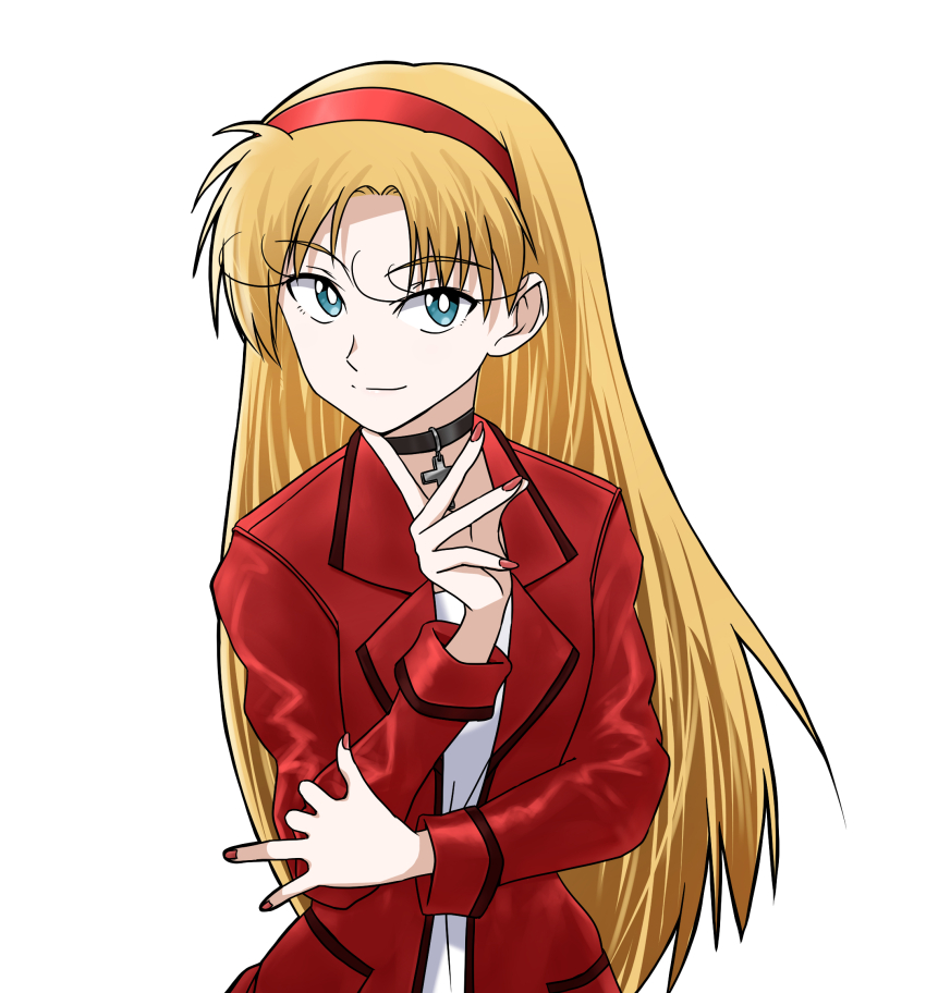 1girl alternate_costume aqua_eyes arm_across_waist closed_mouth commentary_request commission cross cross_necklace finger_to_own_chin fingernails hair_ornament hairband hand_up highres jacket jewelry long_eyelashes long_hair long_sleeves looking_at_viewer marie_vincennes necklace neon_genesis_evangelion pixiv_commission red_hairband red_jacket red_nails sashimi_(sasihmi) simple_background smile solo the_nerv_white_paper upper_body white_background