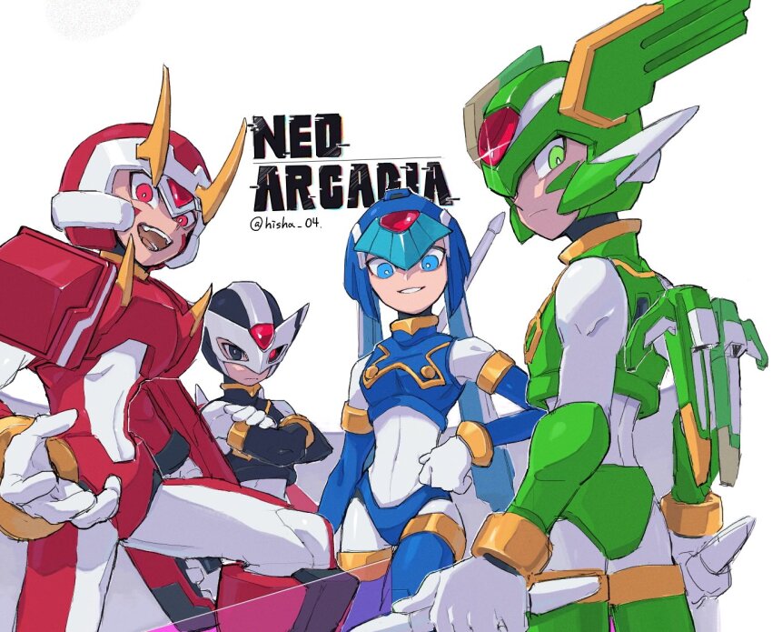 1girl 3boys armor blue_armor blue_eyes blue_helmet brother_and_sister brothers cowboy_shot crossed_arms energy_sword facial_mark fairy_leviathan_(mega_man) fighting_fefnir_(mega_man) fins forehead_jewel green_arm green_eyes green_helmet group_picture head_fins helmet hidden_phantom_(mega_man) holding holding_cannon holding_polearm holding_sword holding_weapon horns kuji-in mechanical_wings mega_man_(series) mega_man_zero_(series) multiple_boys ninja polearm purple_armor purple_eyes purple_helmet red_armor red_eyes red_helmet ringed_eyes sage_harpuia_(mega_man) shoulder_armor siblings simple_background spear sword twitter_username vani_(hisha_04) weapon white_background winged_helmet wings