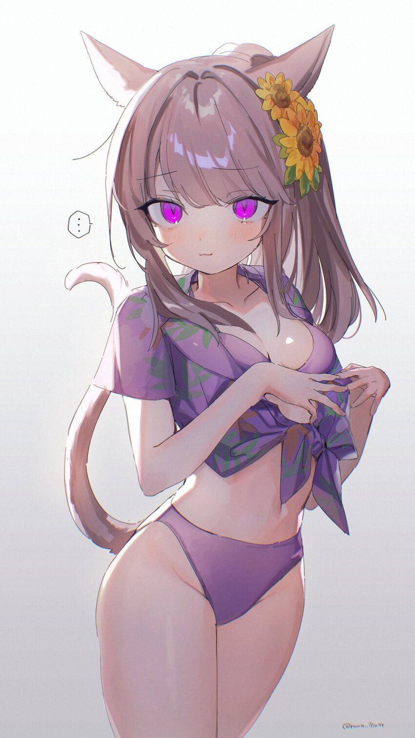 ... 1girl :3 bikini blush breasts brown_hair cat_girl cat_tail cleavage collarbone final_fantasy final_fantasy_xiv flower funa_(sakana) hair_flower hair_ornament hawaiian_shirt highres leaf_print long_hair navel own_hands_together ponytail purple_bikini purple_eyes purple_shirt shirt simple_background slit_pupils small_breasts smile solo spoken_ellipsis sunflower swimsuit tail warrior_of_light_(ff14) white_background