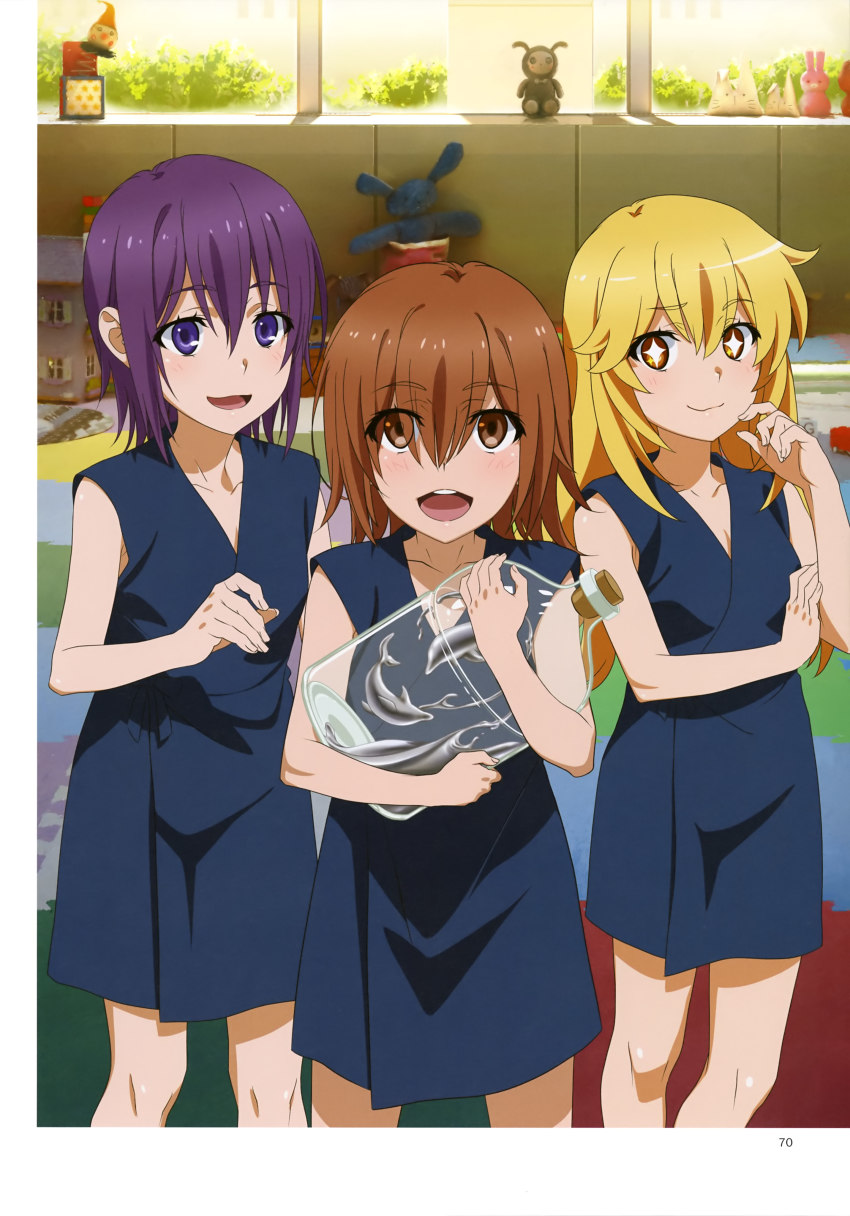 3girls :d absurdres aged_down bare_arms bare_legs blonde_hair brown_eyes brown_hair collarbone doll dolly_(toaru_kagaku_no_railgun) hair_between_eyes highres holding indoors kouzaku_mitori long_hair looking_at_viewer multiple_girls open_mouth page_number purple_eyes purple_hair shokuhou_misaki short_hair smile standing straight_hair stuffed_animal stuffed_rabbit stuffed_toy symbol-shaped_pupils tanaka_yuuichi toaru_kagaku_no_railgun toaru_kagaku_no_railgun_t toaru_majutsu_no_index very_long_hair