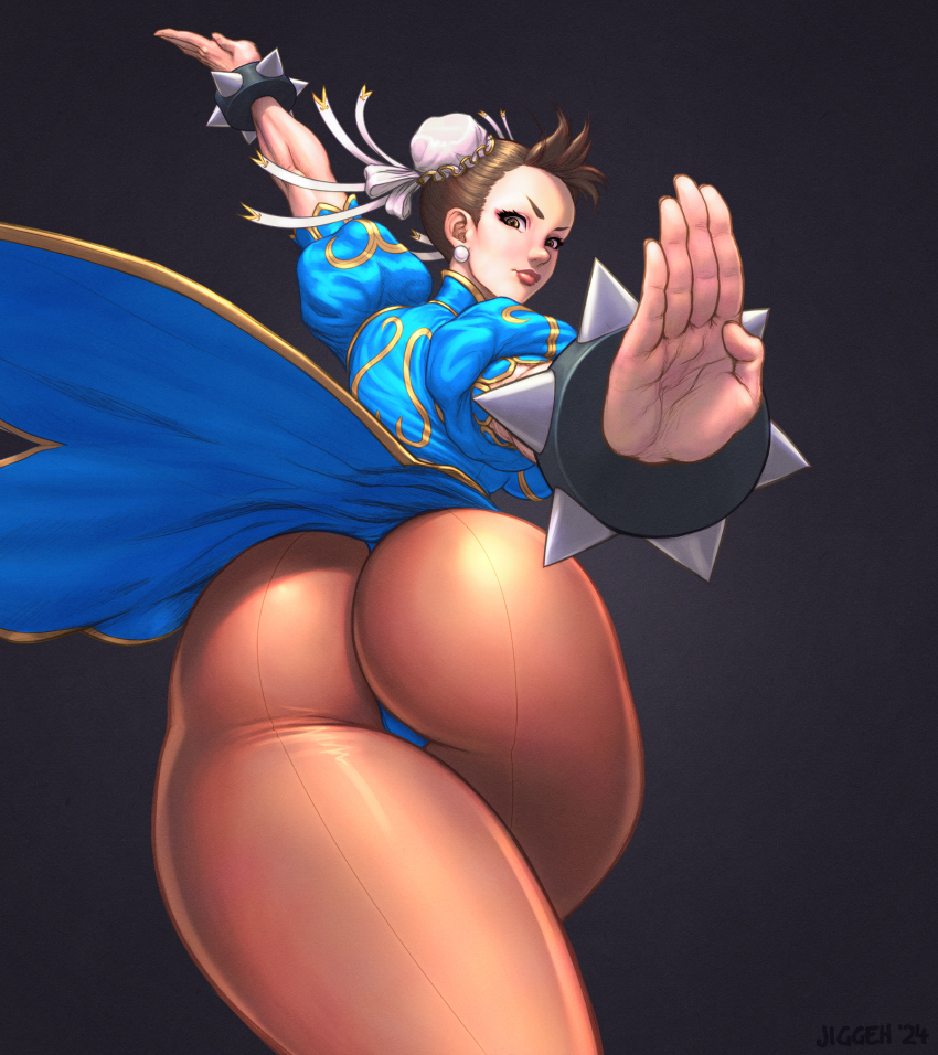 1girl artist_name ass ass_focus bracelet breasts brown_eyes brown_hair bun_cover capcom china_dress chinese_clothes chun-li closed_mouth commentary dress earrings fighting_stance from_behind gold_trim hair_ornament highleg highres jewelry jiggeh leotard lips looking_at_viewer looking_back medium_breasts pantyhose puffy_short_sleeves puffy_sleeves short_sleeves signature simple_background spiked_bracelet spikes street_fighter street_fighter_ii_(series)