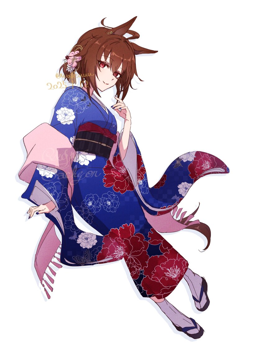 1girl absurdres agnes_tachyon_(umamusume) ahoge alternate_costume animal_ears blue_kimono blue_nails brown_hair closed_mouth dated floral_print flower full_body hair_flower hair_ornament highres horse_ears horse_girl horse_tail japanese_clothes kimono long_sleeves looking_at_viewer obi red_eyes sandals sash shawl simple_background smile socks solo tabi tail twitter_username umamusume watermark watou white_background white_socks wide_sleeves