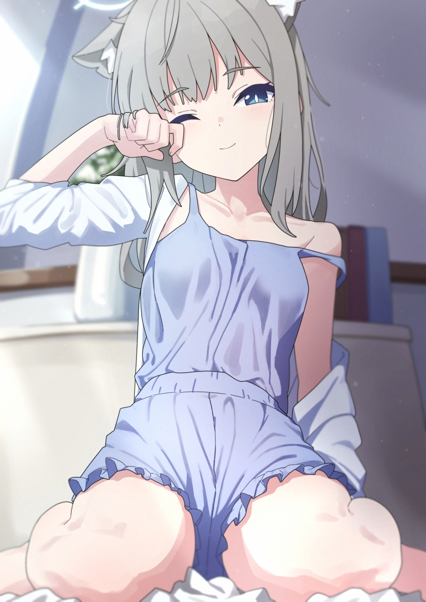 1girl animal_ear_fluff animal_ears blue_archive blue_camisole blue_eyes blue_halo blush breasts camisole closed_mouth collarbone extra_ears grey_hair halo highres indoors looking_at_viewer medium_hair one_eye_closed shiroko_(blue_archive) small_breasts smile solo sunebu_(snake_boo2) wolf_ears