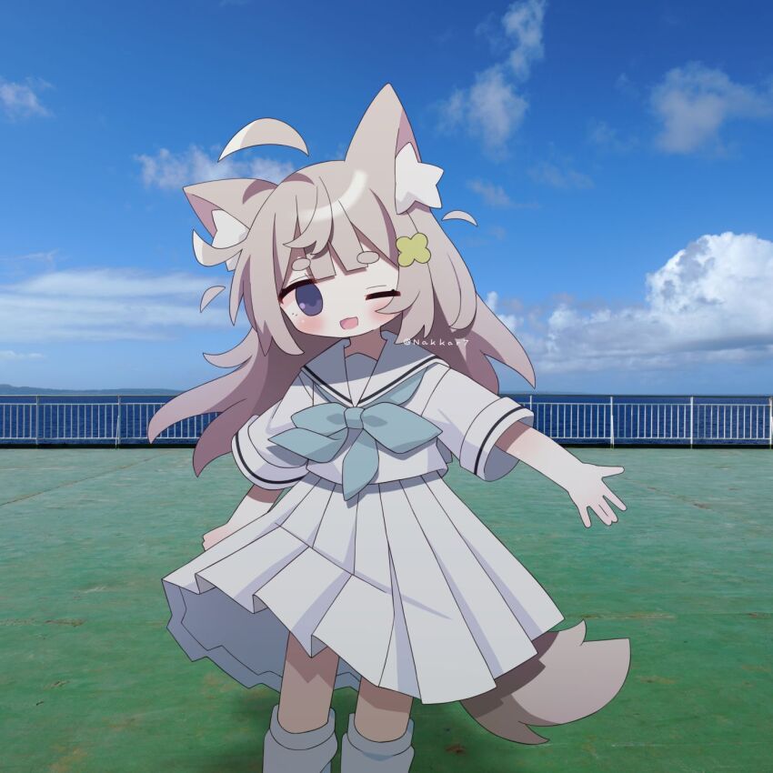 1girl ;d ahoge animal_ear_fluff animal_ears blue_neckerchief blue_sky blush brown_hair cloud commentary day hair_ornament highres horizon long_hair looking_at_viewer loose_socks nakkar neckerchief ocean one_eye_closed open_mouth original outdoors photo_background purple_eyes railing sailor_collar school_uniform serafuku shirt short_eyebrows short_sleeves skirt sky smile socks solo symbol-only_commentary tail thick_eyebrows twitter_username water white_sailor_collar white_serafuku white_shirt white_skirt white_socks x_hair_ornament