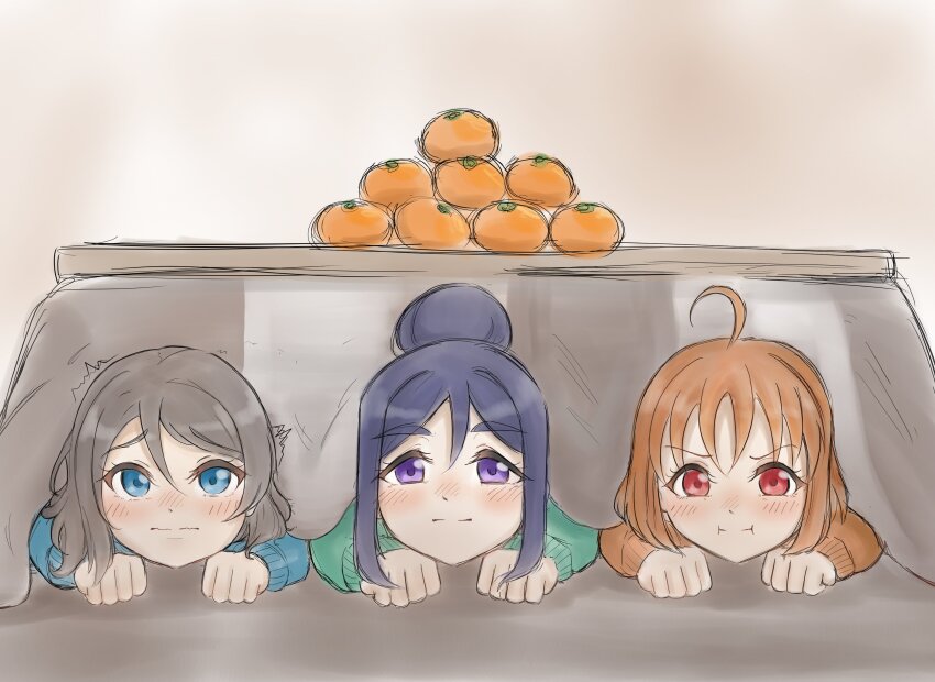 3girls :i absurdres blue_eyes blue_hair blue_sweater blush closed_mouth commentary dark_blue_hair food fruit gonnu green_sweater grey_hair hair_between_eyes hair_bun highres kotatsu looking_at_viewer love_live! love_live!_sunshine!! mandarin_orange matsuura_kanan multiple_girls nose_blush orange_hair orange_sweater pout purple_eyes red_eyes short_hair sidelocks single_hair_bun split_mouth sweater symbol-only_commentary table takami_chika under_kotatsu under_table watanabe_you