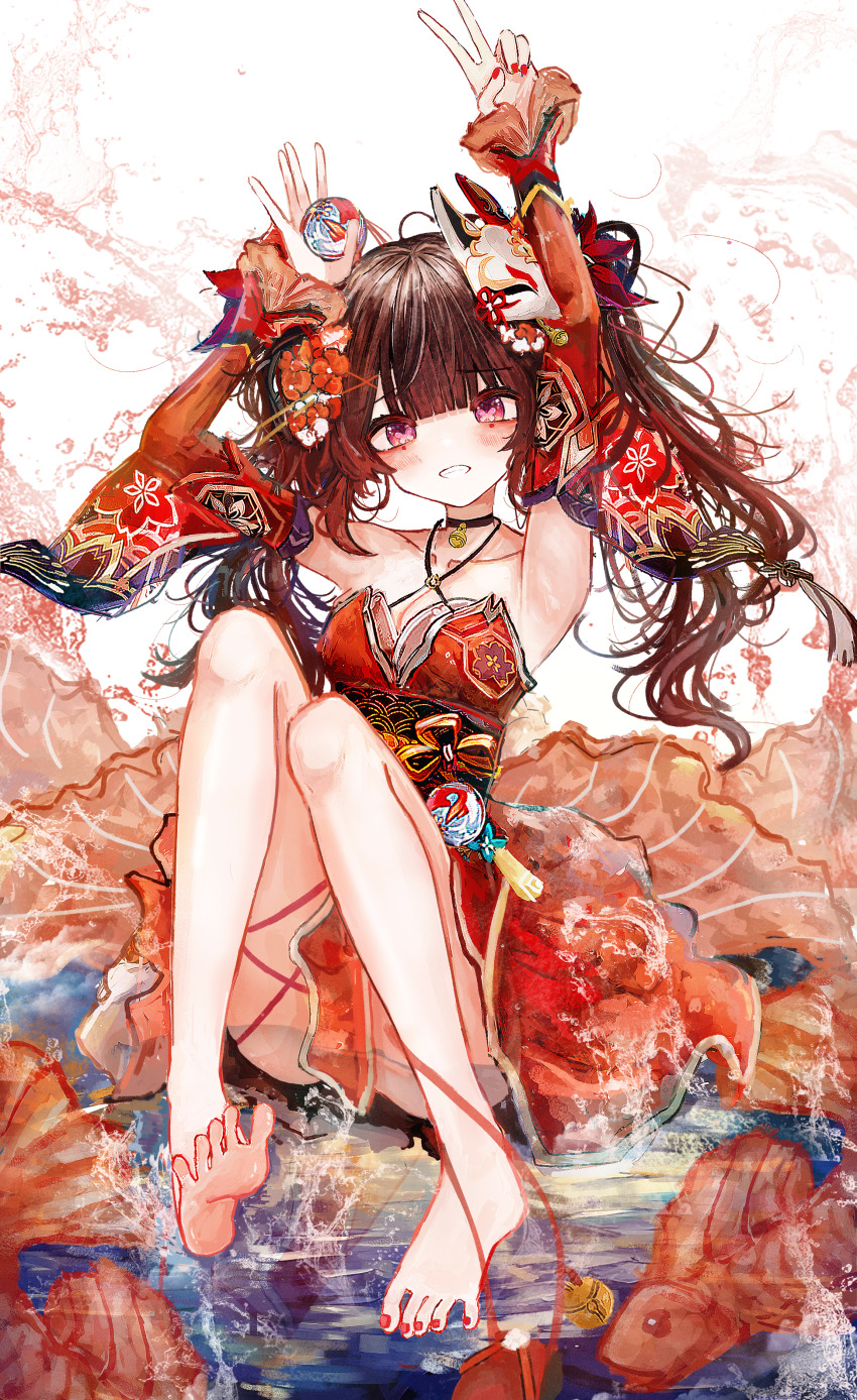 1girl absurdres aiu_. armpits arms_up bare_legs bare_shoulders barefoot bell black_choker black_sash butterfly-shaped_pupils choker criss-cross_halter detached_sleeves dress fox_mask hair_ornament halterneck highres honkai:_star_rail honkai_(series) koi mark_under_both_eyes mask mask_on_head neck_bell o-ring red_dress red_nails red_sleeves sash sparkle_(honkai:_star_rail) symbol-shaped_pupils teeth v water