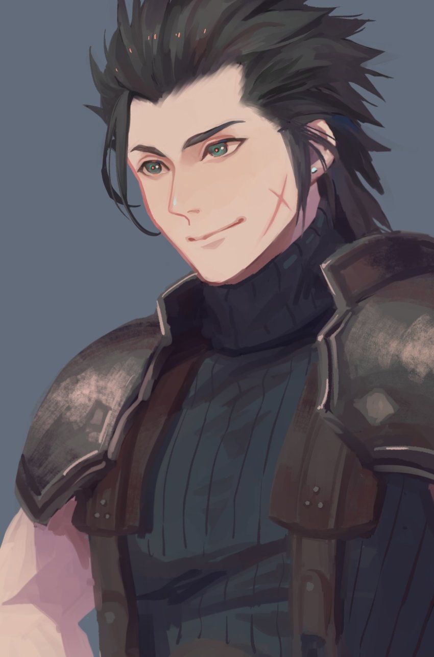 1boy armor black_hair blue_eyes blue_shirt crisis_core_final_fantasy_vii earrings facial_scar final_fantasy final_fantasy_vii final_fantasy_vii_remake grey_background hair_slicked_back highres ho_fan jewelry looking_to_the_side male_focus medium_hair scar scar_on_cheek scar_on_face shirt shoulder_armor sideburns single_earring sleeveless sleeveless_turtleneck smile solo square_enix suspenders turtleneck upper_body zack_fair