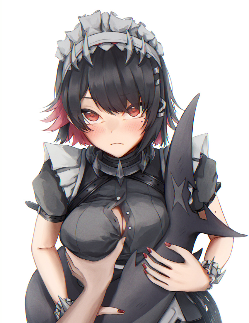 1girl 1other absurdres black_hair blush button_gap closed_mouth colored_inner_hair commentary_request ellen_joe fins fish_tail grabbing_another&#039;s_breast groping highres looking_at_viewer maid maid_headdress mole mole_on_arm mole_under_eye multicolored_hair nail ohal puffy_short_sleeves puffy_sleeves red_eyes red_hair red_nails shark_girl shark_tail short_sleeves simple_background solo_focus tail two-tone_hair white_background zenless_zone_zero