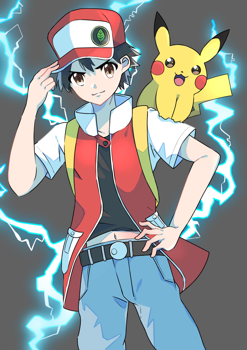 1boy absurdres belt belt_buckle black_hair black_shirt blue_pants brown_eyes buckle closed_mouth commentary_request creatures_(company) electricity game_freak gen_1_pokemon grey_background hand_on_headwear hand_on_own_hip hat highres jacket male_focus navel_peek nintendo pants pikachu pokemon pokemon_(creature) pokemon_on_arm pokemon_rgby red_(pokemon) red_hat shirt short_hair smile srsmgmg