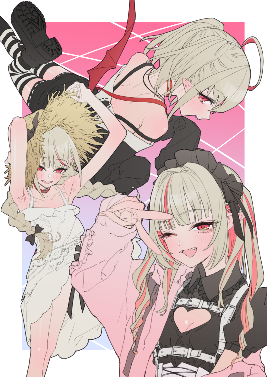 1girl absurdres ahoge armpits arms_up bare_shoulders black_dress blush boots braid breasts chest_harness clothing_cutout demon_wings dress fangs grey_hair harness hat heart_cutout highres jacket long_hair maid_headdress makaino_ririmu makaino_ririmu_(2nd_costume) makaino_ririmu_(3rd_costume) makaino_ririmu_(5th_costume) multicolored_hair multiple_views naga-agan nijisanji one_eye_closed open_clothes open_jacket pink_hair pink_jacket pointy_ears red_eyes small_breasts smile straw_hat striped_clothes striped_thighhighs sundress thighhighs twin_braids two-tone_hair v virtual_youtuber white_dress wings