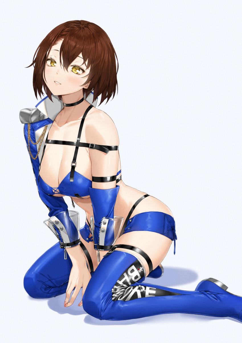 1girl absurdres azur_lane baltimore_(azur_lane) baltimore_(finish_line_flagbearer)_(azur_lane) bikini black_choker blue_bikini blue_jacket boots breasts brown_hair chest_harness choker cleavage cropped_jacket harness highleg highleg_bikini highres jacket kneeling large_breasts looking_at_viewer micro_shorts mismatched_bikini pixel_(yuxian) race_queen short_hair shorts single_bare_shoulder sitting solo swimsuit thigh_boots white_background yellow_eyes