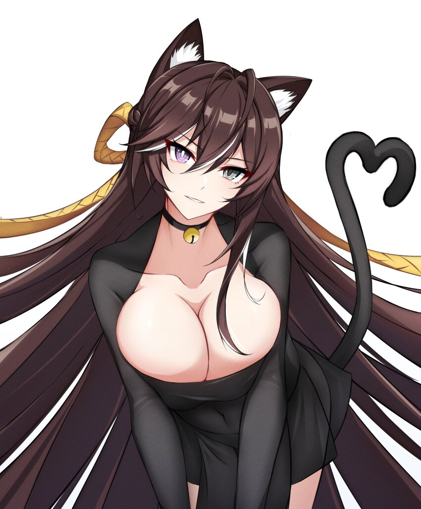 1girl absurdres animal_ear_fluff animal_ears antenna_hair bell black_choker black_dress black_tail breasts brown_hair cat_ears cat_girl cat_tail choker cleavage collarbone commentary_request counter:side covered_navel dress floating_hair grey_eyes hair_intakes hair_ribbon head_tilt heart heart_tail heterochromia highres jingle_bell karin_wong kemonomimi_mode kjg003 korean_commentary large_breasts leaning_forward long_hair long_sleeves looking_at_viewer low_neckline multicolored_hair neck_bell parted_lips purple_eyes ribbon simple_background solo straight_hair streaked_hair tail very_long_hair white_background white_hair